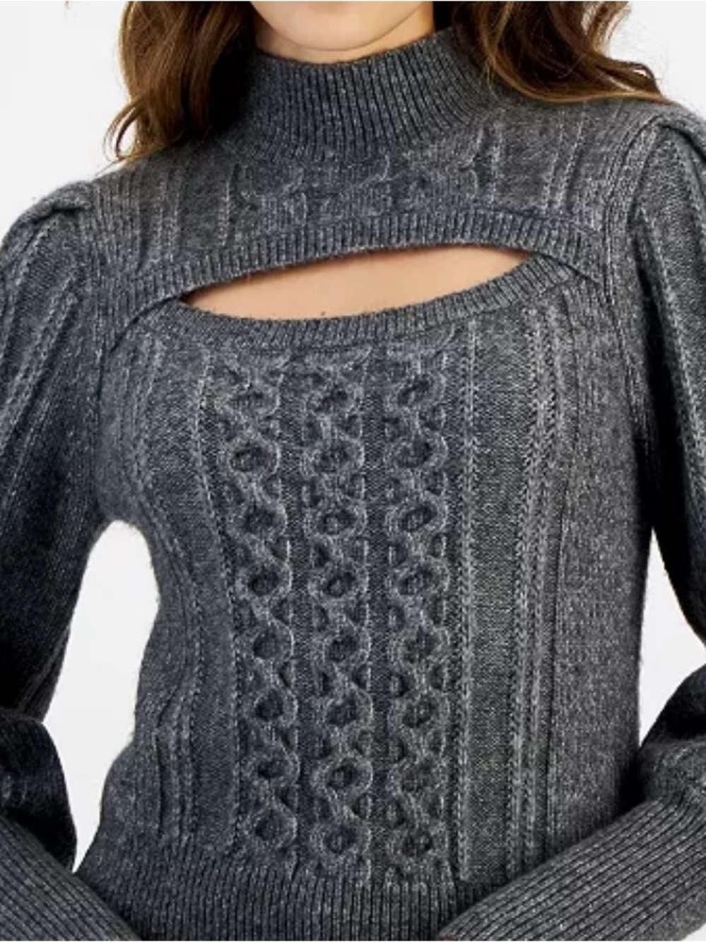 Tommy Hilfiger Charcoal Gray Cable-Knit Cutout Turtleneck Sweater